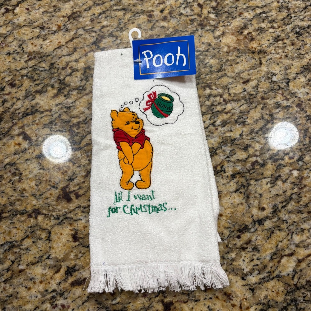 NEW Disney Winnie the Pooh Christmas Kitchen Towel White Embroidered Honey Pot